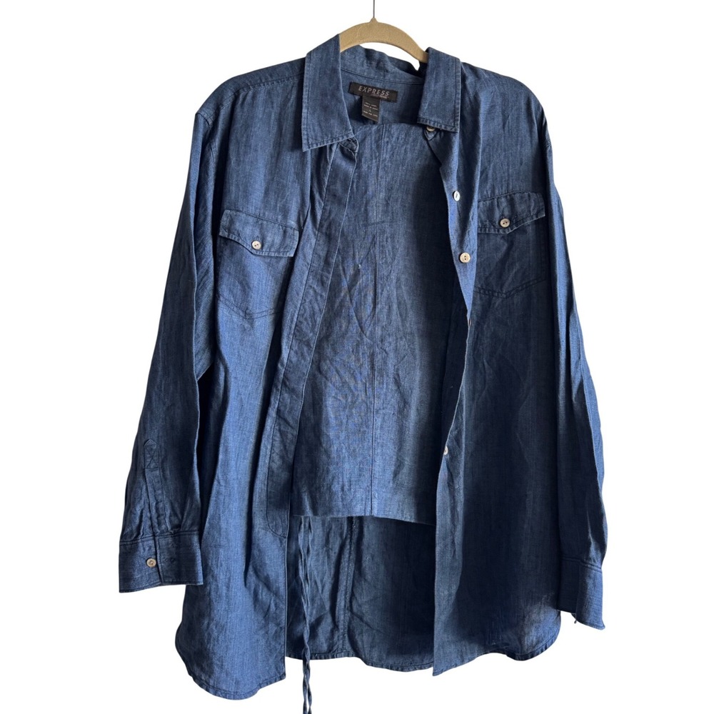 Express World Brand Womens 100% Linen 2 Piece Shirt and Shorts Set Blue Large 12